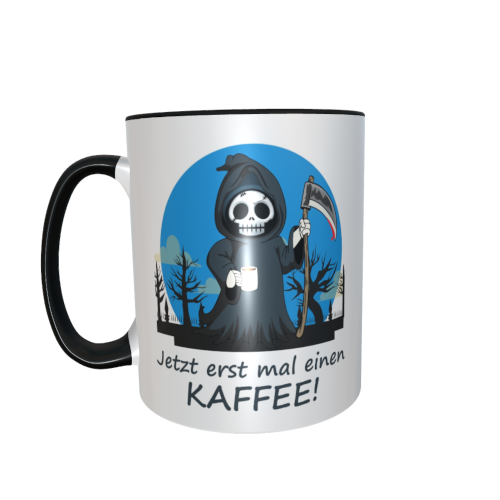 Motivtasse - Sensemann - Jetzt erst mal einen Kaffee (blau)
