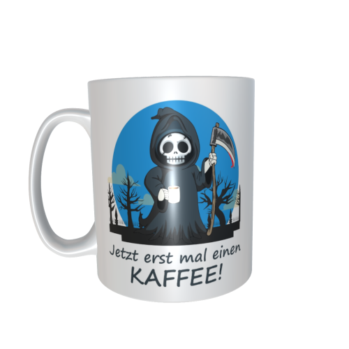 Motivtasse - Sensemann - Jetzt erst mal einen Kaffee (blau)