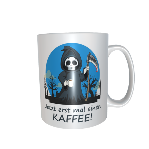 Motivtasse - Sensemann - Jetzt erst mal einen Kaffee (blau)