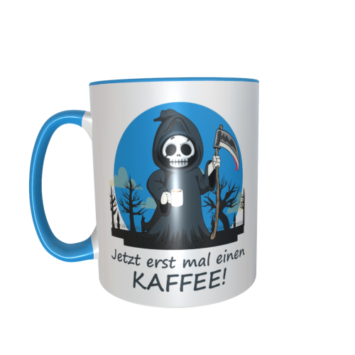 Motivtasse - Sensemann - Jetzt erst mal einen Kaffee (blau)