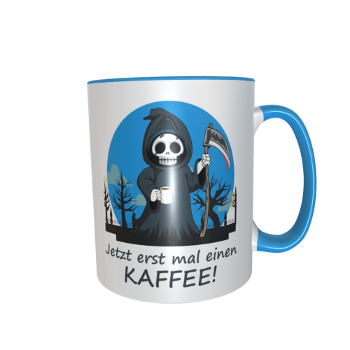 Motivtasse - Sensemann - Jetzt erst mal einen Kaffee (blau)